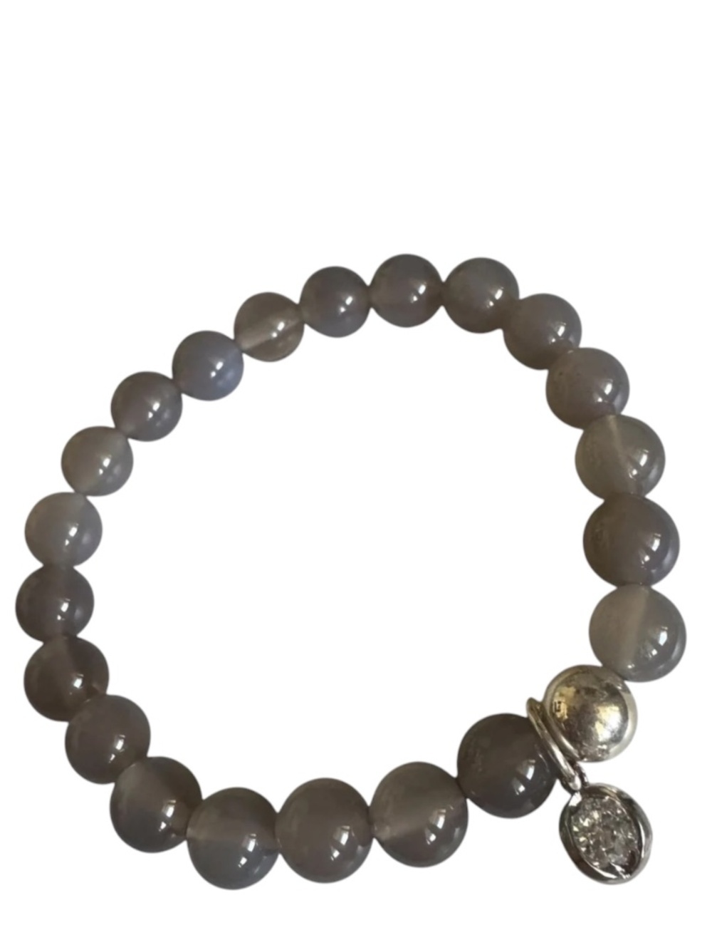 Classic 8mm Gray Agate Stretch Bracelet Silver CZ Charm 6–7” NEW